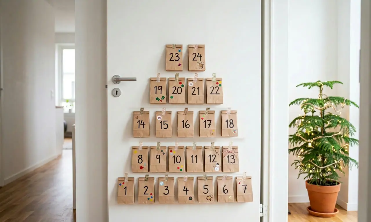 Kalendarz adwentowy DIY: 24 ponumerowane papierowe torebki przyklejone do białych drzwi w kształcie choinki