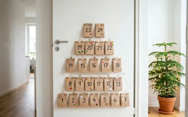 Kalendarz adwentowy DIY: 24 ponumerowane papierowe torebki przyklejone do białych drzwi w kształcie choinki